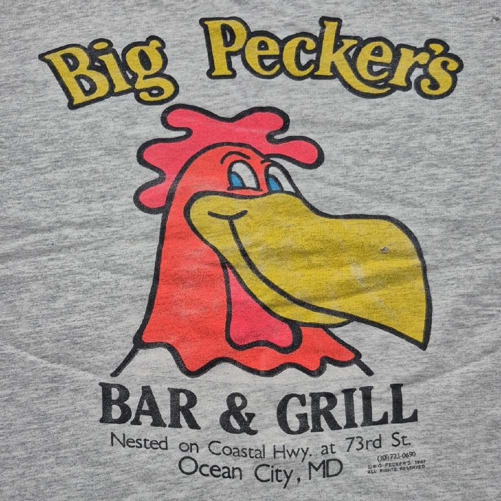 vtg 80s Single Stitch 2-Side Silkscreen Tee XL gray BIG PECKER Distressed Shirt